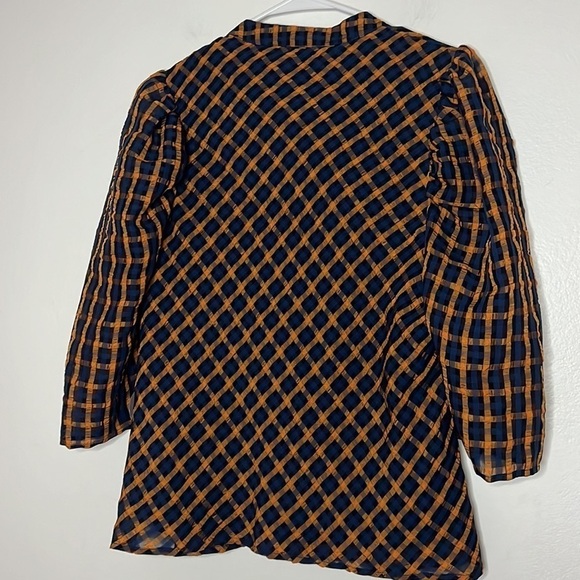 Eva Franco Anthropologie Textured Plaid Blouse Size 6 NWT Navy and Mustard - Picture 7 of 10